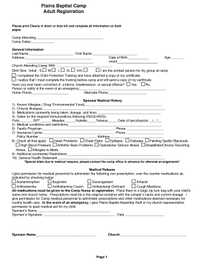 Plains Baptist Camp Adult Registration and Release