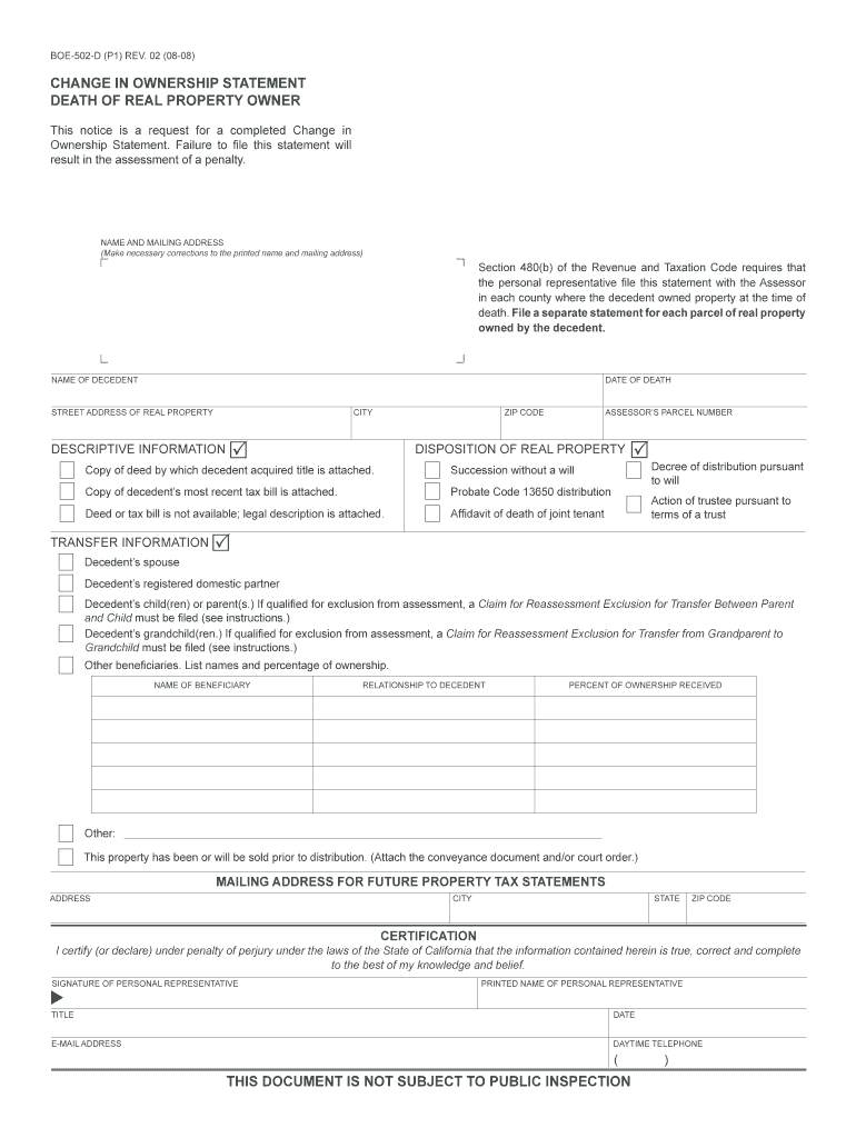 Fillable Online assessor co kern ca CHANGE IN OWNERSHIP STATEMENT DEATH