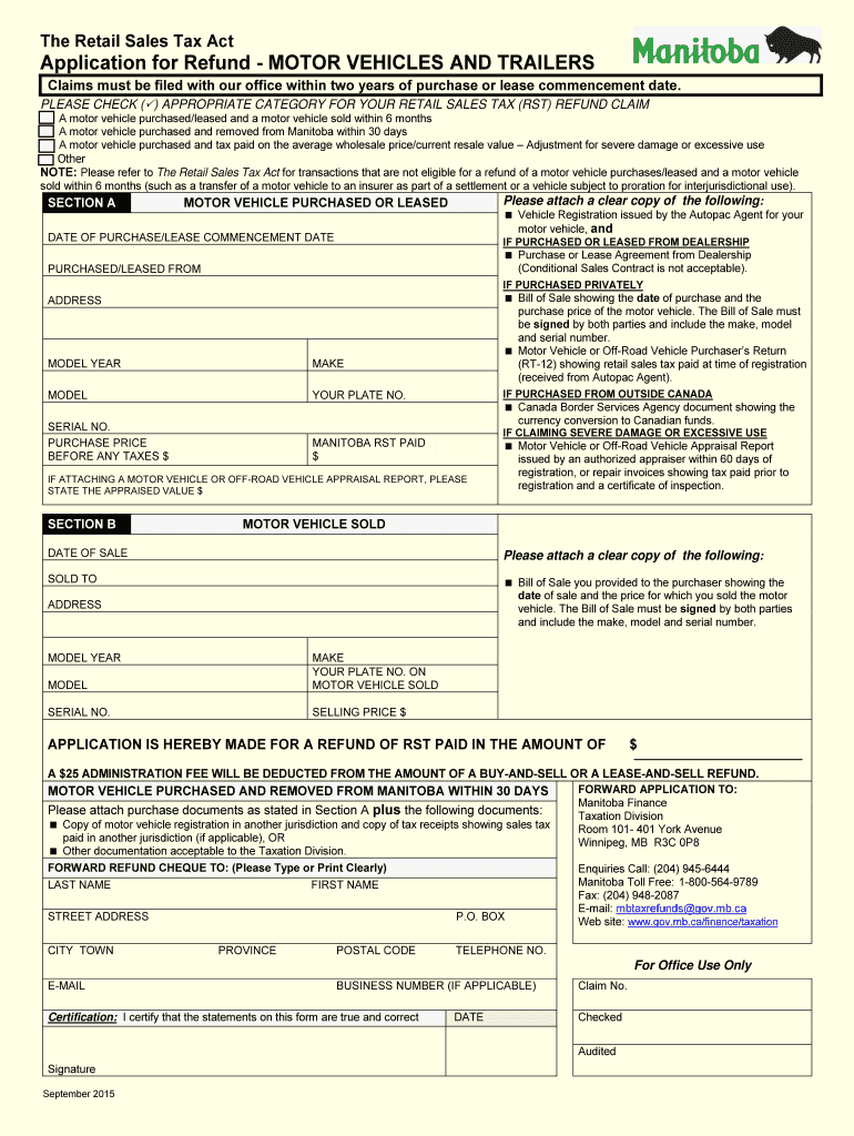 2015 Form Canada Application for Refund Motor Vehicles and Trailers ...