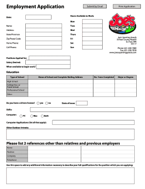 Fillable Online Employment Application - Joes Sporting Goods - Your Fax ...