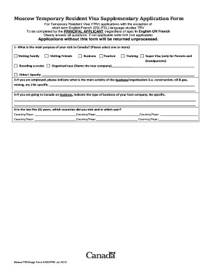Canada Temporary Resident Visa Supplementary Application Form