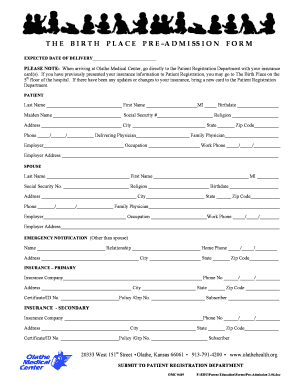 Birth Place Pre-Admission Form
