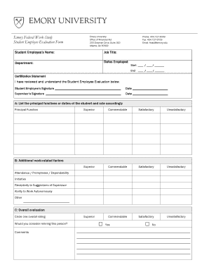 Emory Federal Work-Study Student Employee Evaluation Form - studentaid emory