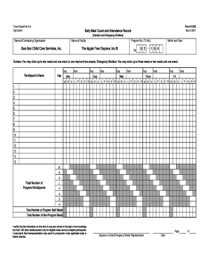 Texas Agriculture Daily Meal Count and Attendance Record
