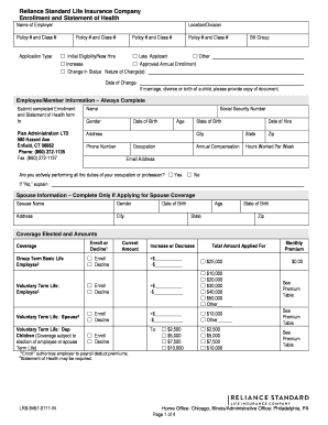 Reliance Standard Life Insurance Enrollment Form