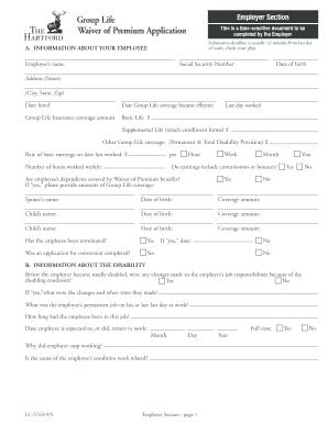 Group Life Waiver of Premium Application