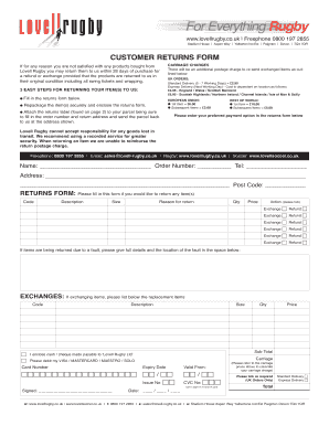 Lovell Rugby Customer Returns Form