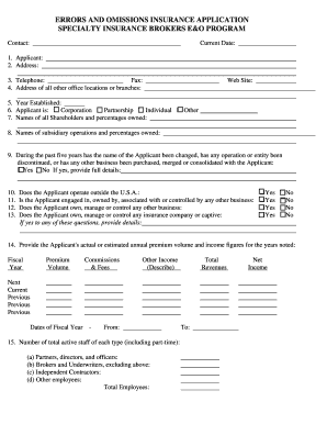 Errors and Omissions Insurance Application