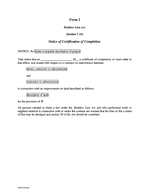 Builders Lien Act Notice of Certification of Completion