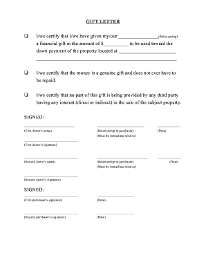 Gift Letter for Property Down Payment