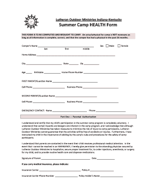 Lutheran Outdoor Ministries Indiana-Kentucky Summer Camp Health Form