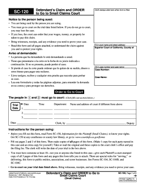 California Small Claims Court Defendant's Claim and Order