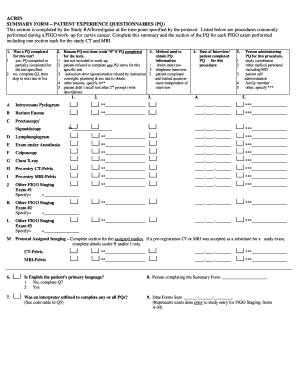 ACRIN Patient Experience Questionnaire Summary Form