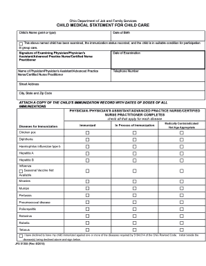 Ohio Child Medical Statement for Child Care
