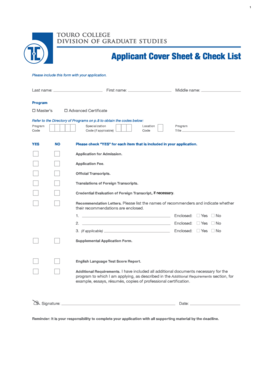 Touro College Application Cover Sheet & Checklist