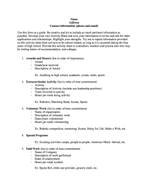 High School Activity Sheet Template