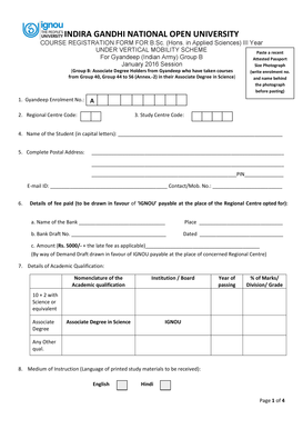 IGNOU B.Sc. Course Registration Form