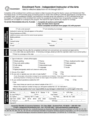 Independent Instructor of the Arts Insurance Enrollment Form
