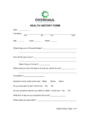Health History Form for Physical Therapy