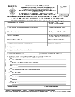 Massachusetts Insurer's Notification of Denial Form 104