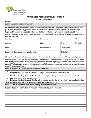 Authorized Representative Form for Grievances/Appeals