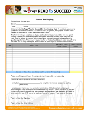 Six Flags Reading Log Form