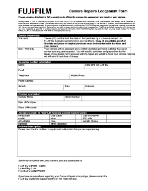 Fujifilm Camera Repairs Lodgement Form