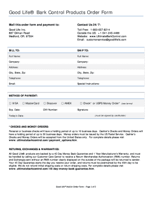 Good Life Bark Control Products Order Form
