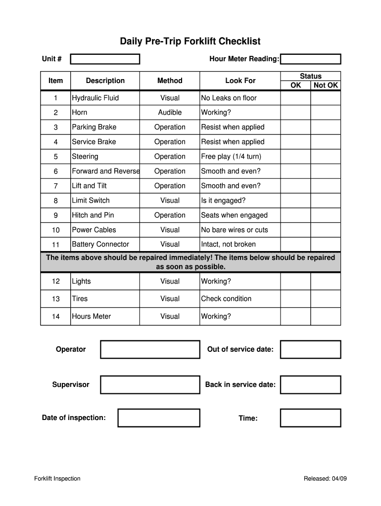 Fillable Online Daily PreTrip Forklift Checklist Fax Email Print