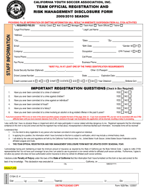 California Youth Soccer Team Official Registration Form