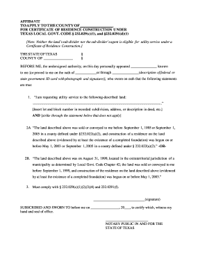Texas Certificate of Residence Construction Affidavit
