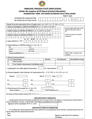 Himachal Pradesh State Open School Senior Secondary Exam Form