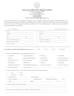 New Jersey Consumer Complaint Form