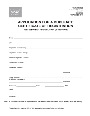 Application for Duplicate Dog Registration Certificate