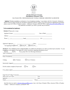 Florida Gulf Coast University Disciplinary Clearance Form