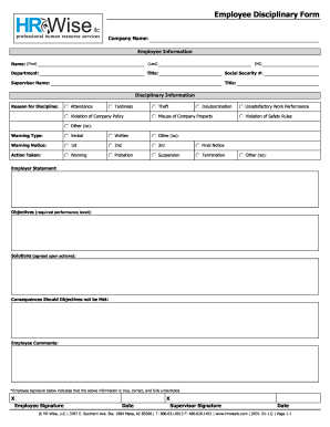 Write up form for employees - Employee Disciplinary Form - HR Wise LLC
