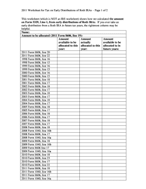 2011 Worksheet for Tax on Early Distributions of Roth IRAs