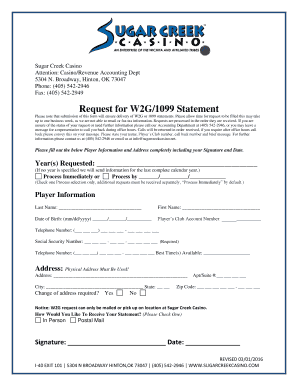 Sugar Creek Casino W2G/1099 Statement Request