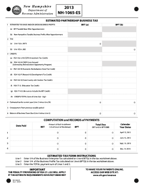 New Hampshire NH-1065-ES Estimated Partnership Business Tax Form