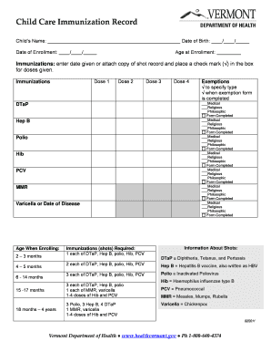 Child Care Immunization Record