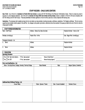 Staff Record Form for Child Care Centers