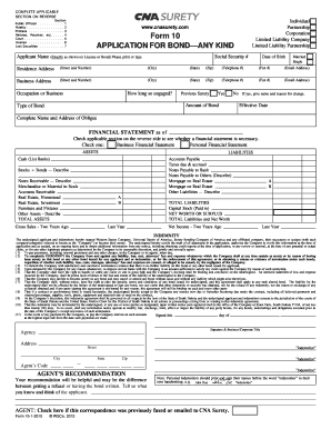 Form 10 Application for Bond