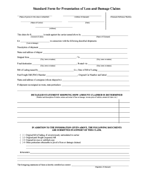 Standard Form for Presentation of Loss and Damage Claims