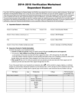 2014–2015 Verification Worksheet Dependent Student