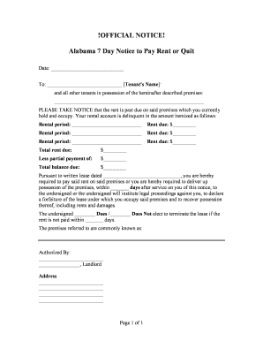 Alabama 7 Day Notice to Pay Rent or Quit