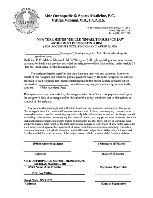 New York Motor Vehicle No-Fault Insurance Assignment of Benefits Form
