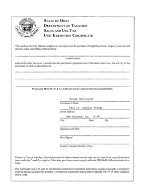 Ohio Sales and Use Tax Unit Exemption Certificate
