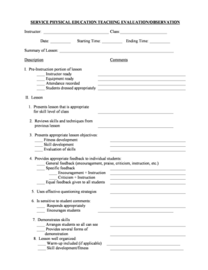 Physical Education Teaching Evaluation Form