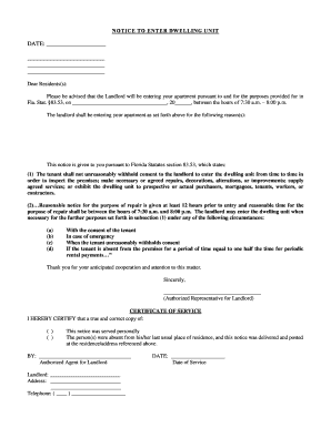 Florida Notice to Enter Dwelling Unit