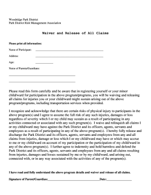 Woodridge Park District Waiver and Release of All Claims